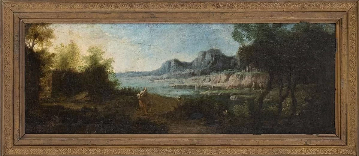 Paesaggio con fiume, figure e rilievi sullo sfondo